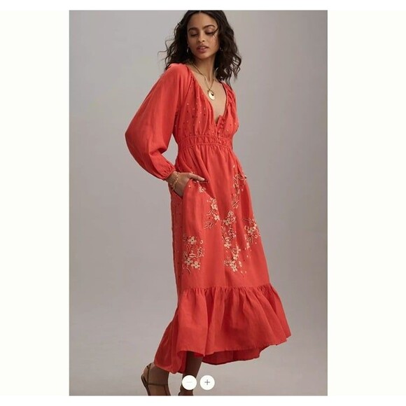 By Anthropologie Embroidered V-Neck Maxi Dress Orange Red Floral Small NWOT - Picture 1 of 12
